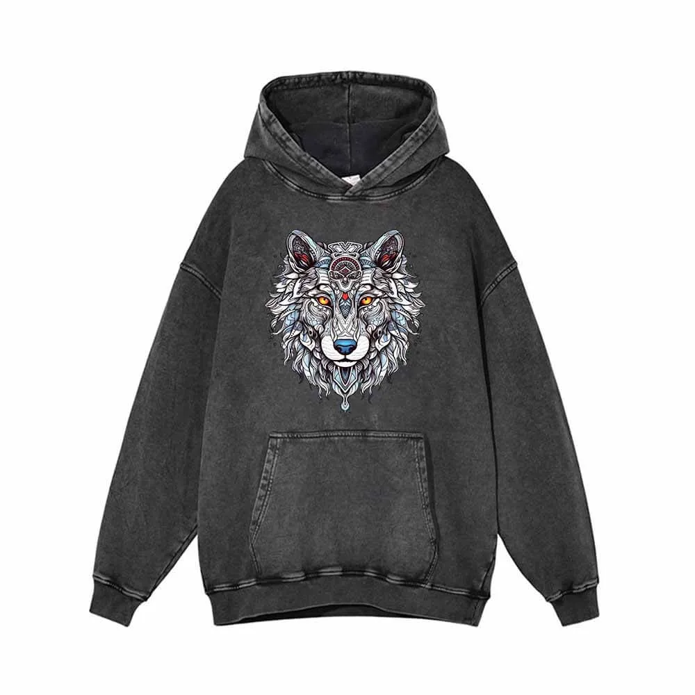 Wolf Head Print Vintage Washed Hoodie