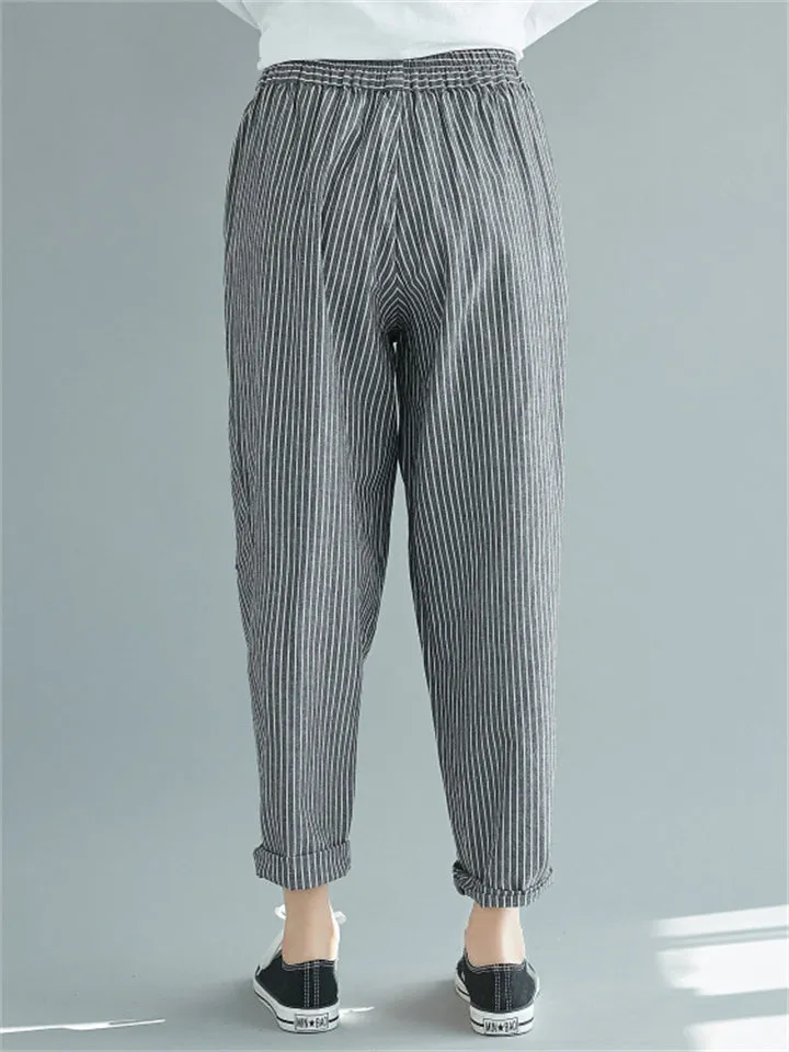 Women's Comfy Elastic Waist Striped Linen Pants