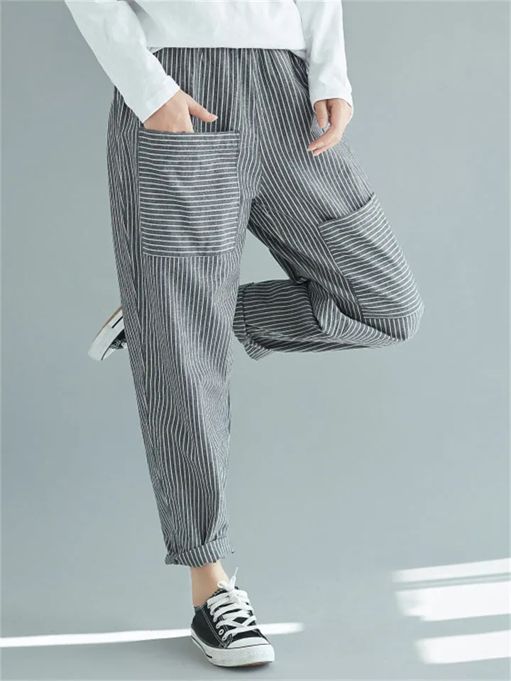 Women's Comfy Elastic Waist Striped Linen Pants