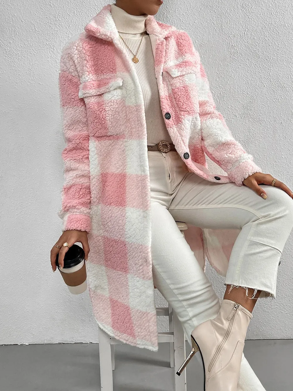 Women's Open Button Lapel Plush Plaid Loose Coats