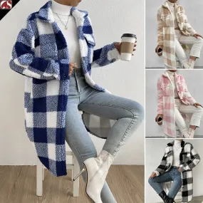 Women's Open Button Lapel Plush Plaid Loose Coats