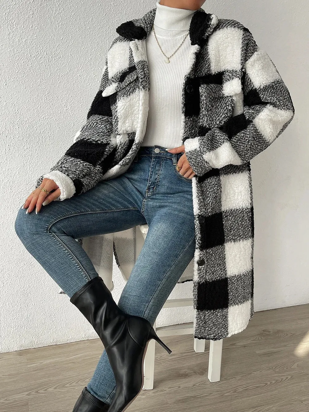 Women's Open Button Lapel Plush Plaid Loose Coats