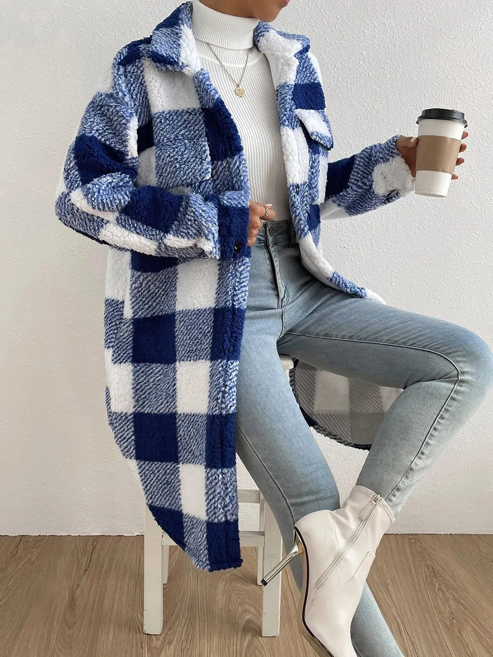 Women's Open Button Lapel Plush Plaid Loose Coats